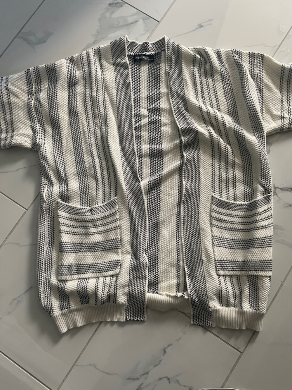 Striped Open-Front Cardigan Sweater - White & Black Comes with Belt 3/4 Sleeves